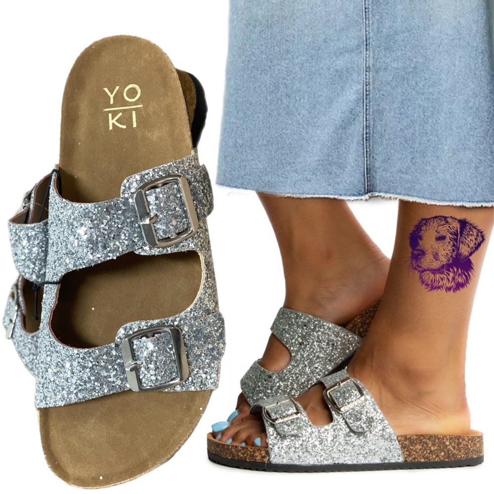 STROLL SEQUIN DOUBLE BUCKLE FLATS SLIDE SANDALS SILVER NWT!
